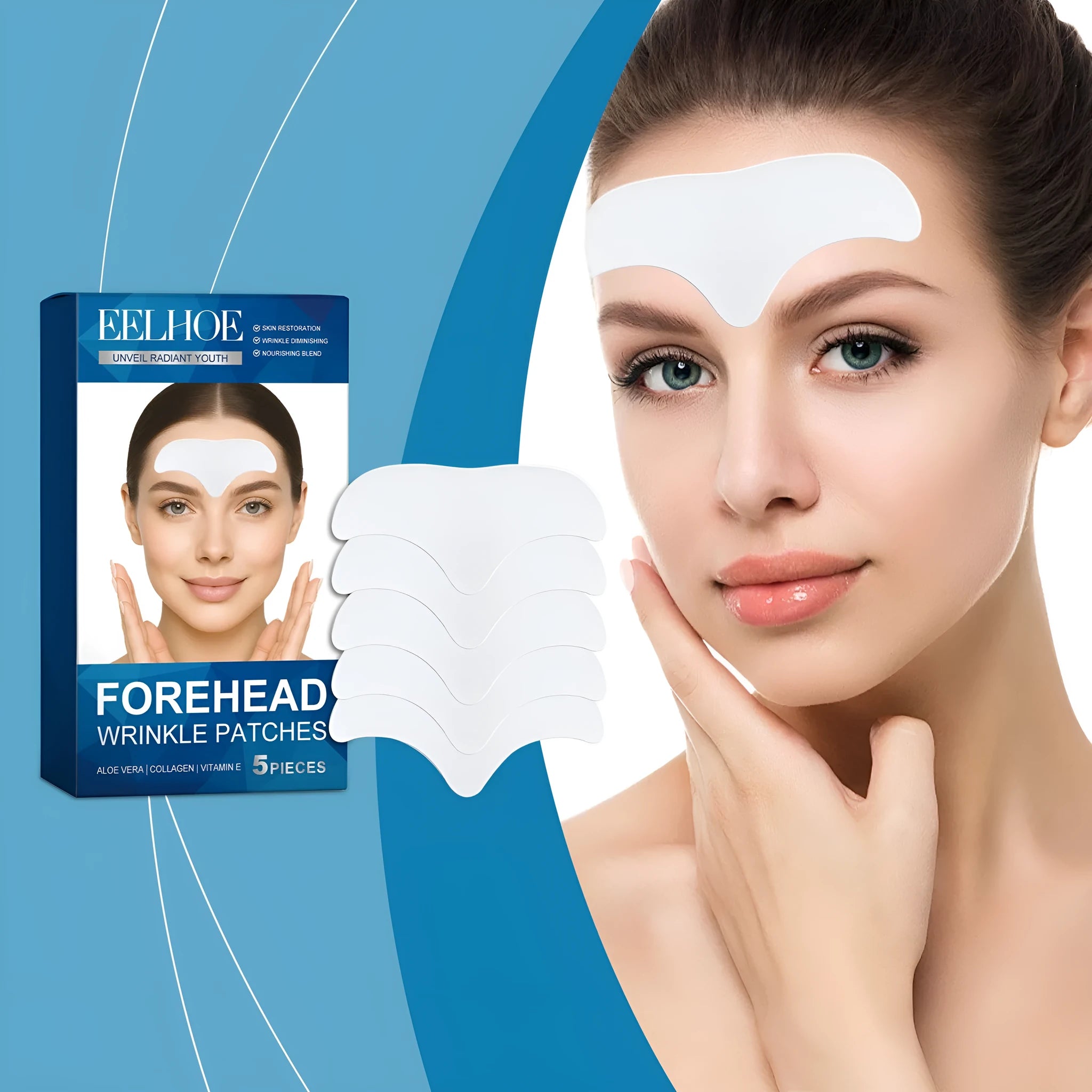 Pack of five white forehead skincare patches on non-woven fabric