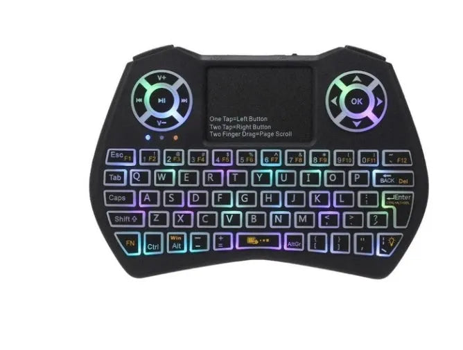 Mini wireless keyboard with Qwerty keys, touchpad, and LED backlit in black