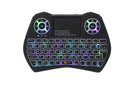 Mini wireless keyboard with Qwerty keys, touchpad, and LED backlit in black