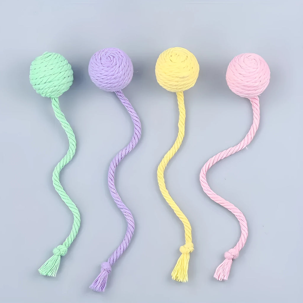 Coloured cat toy ball with rope handle and internal bell in 6cm or 3cm sizes