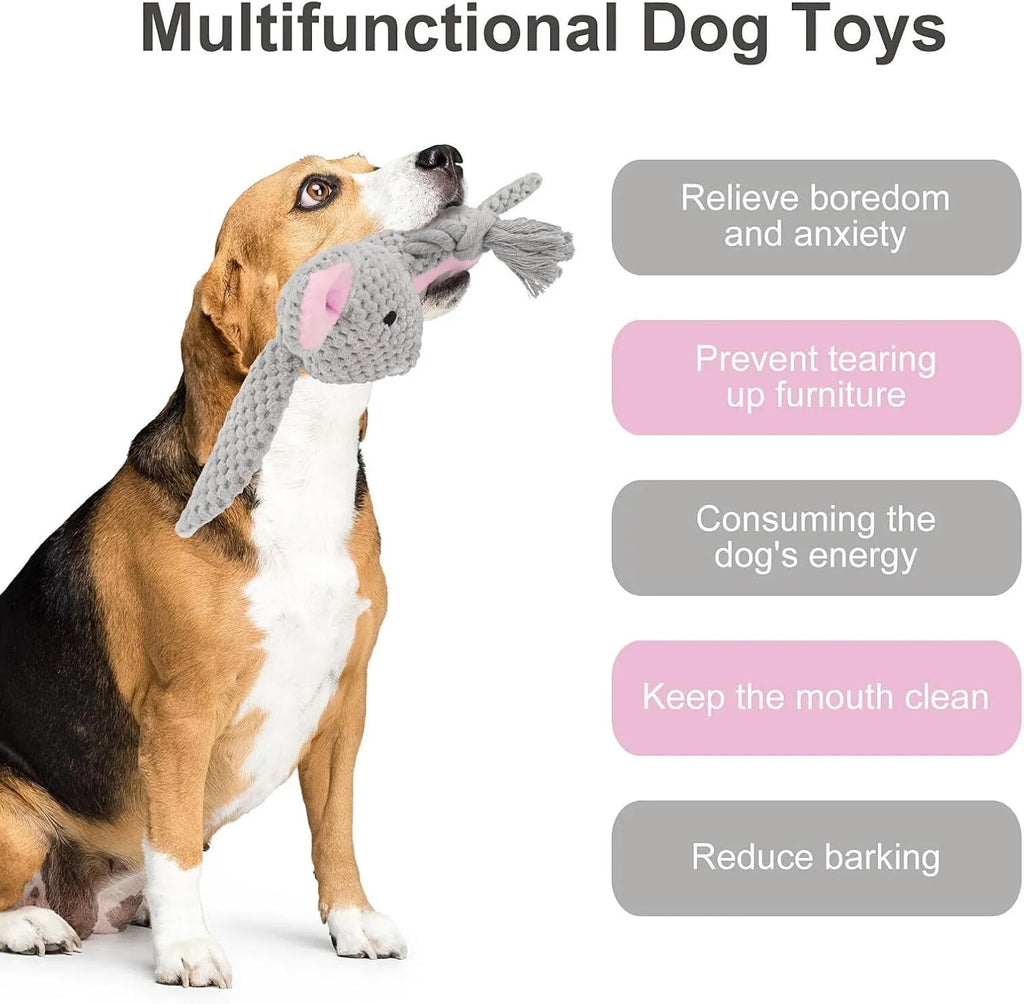 Soft plush dog toy with squeaker, crinkle paper, and cotton rope in elephant, fox, monkey, pig, and rabbit designs