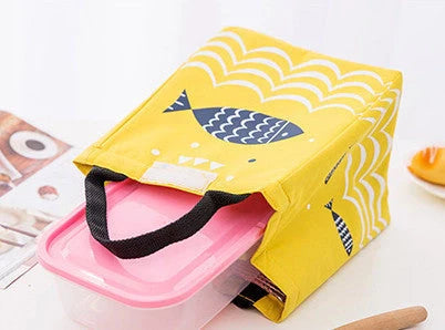 Insulated picnic mini handbag in yellow, light grey, dark grey, and navy blue with cartoon design