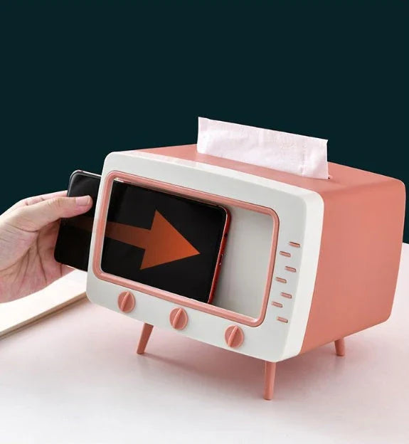 Creative cartoon-themed plastic tissue box with mobile phone slot in various colours