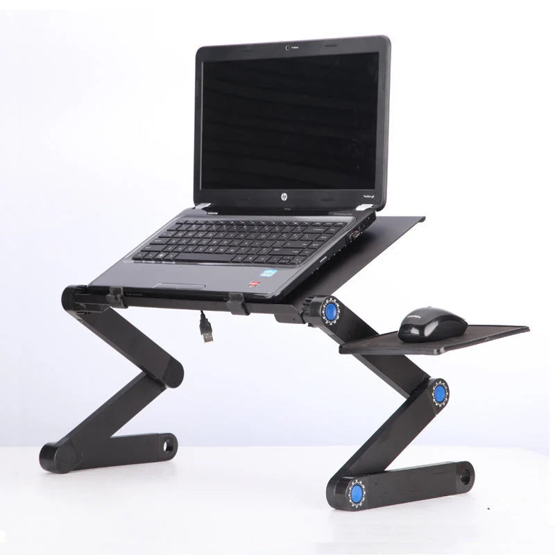 Adjustable folding laptop stand with ergonomic design and mouse pad in cool black and rose red