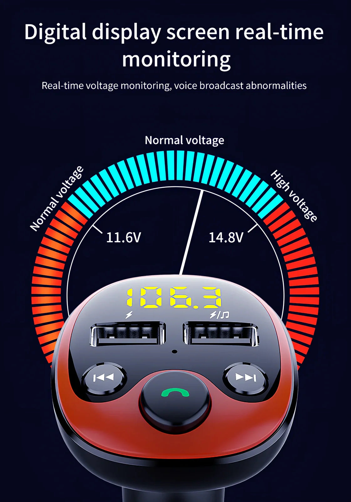 Black car MP3 player with orange LED screen, dual USB ports, 51x45x86mm size for FM transmission and Bluetooth audio