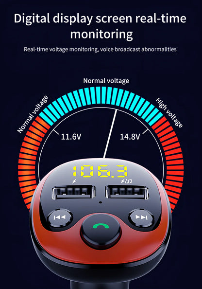 Black car MP3 player with orange LED screen, dual USB ports, 51x45x86mm size for FM transmission and Bluetooth audio