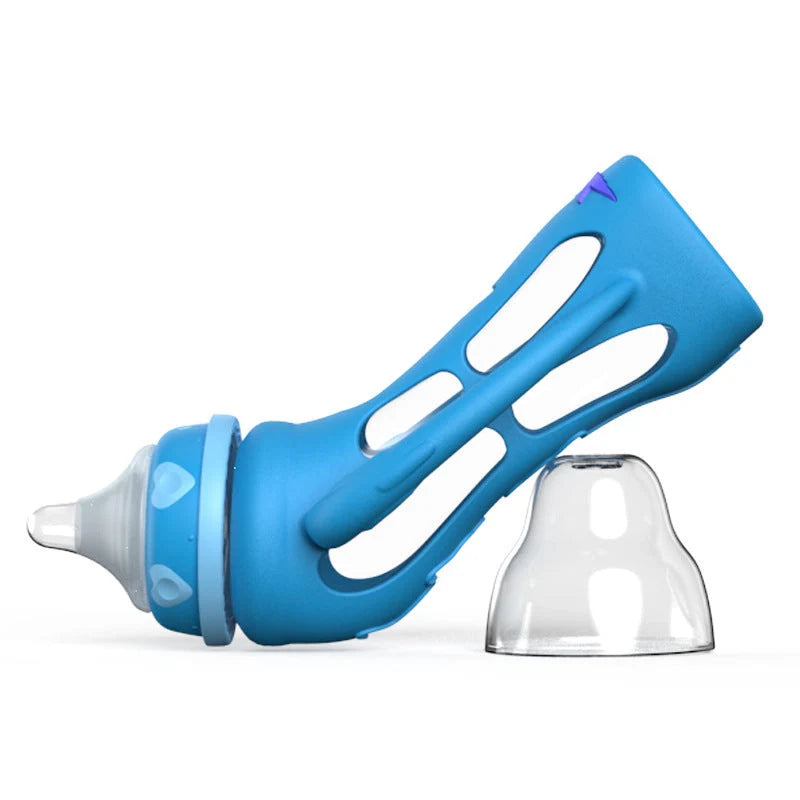 Glass baby bottle with temperature-sensitive silicone sleeve and USB milk warmer in sky blue