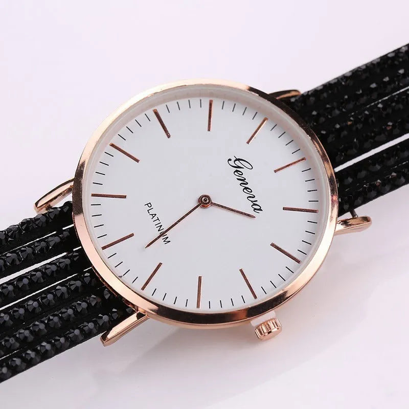 Geneva flowers women's quartz watch with crystal dial, 3.5cm case, bracelet strap, available in black colour