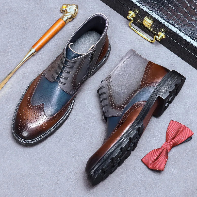 Men's curry blue leather brogue boots with decorative stitching and front lacing on a low square heel.