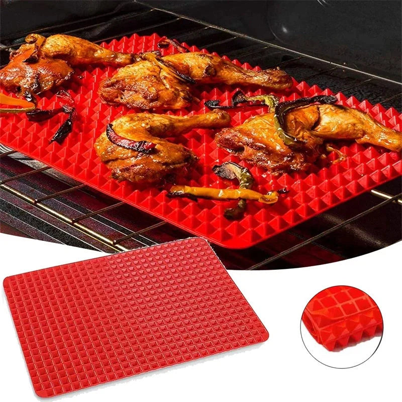 Red silicone pyramid cooking mat with grid for oven and BBQ, 39.5x27.5x1cm