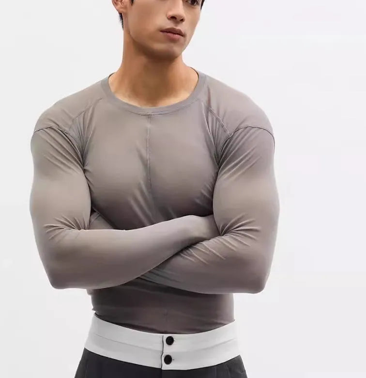 Black slim-fit long sleeve mesh pullover top with a round neck collar.