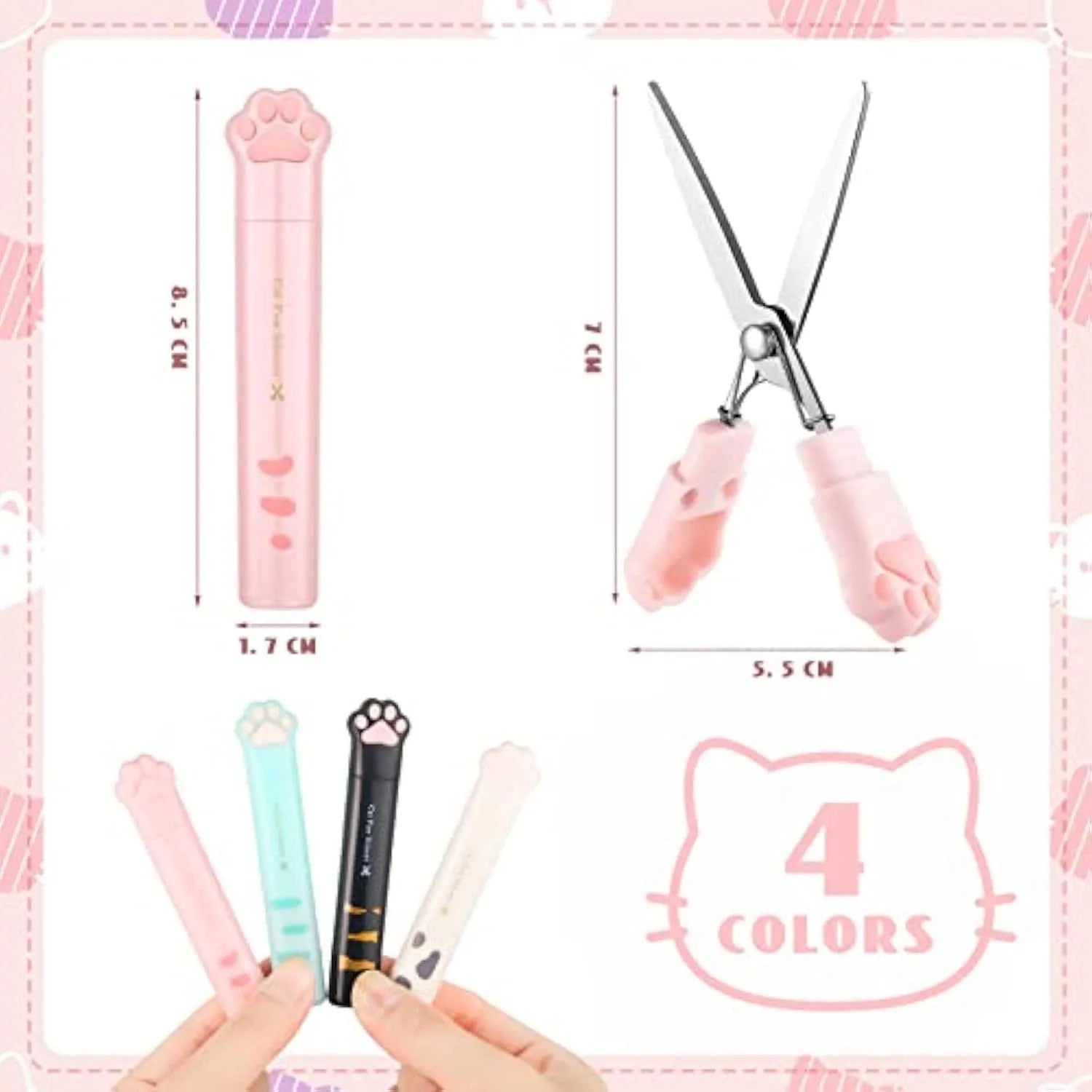 Set of four colourful mini folding scissors with cat paw handles on a white background.