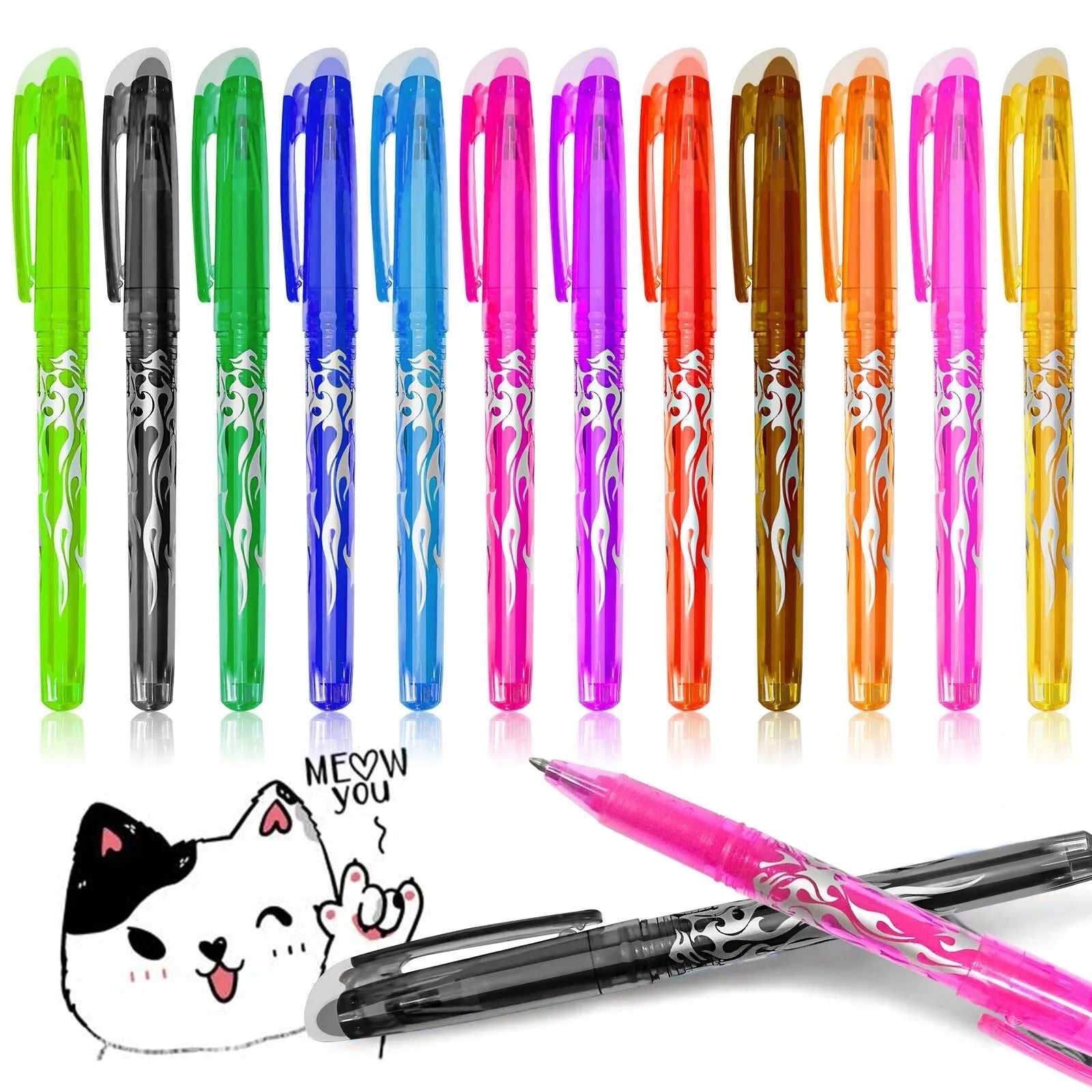 Hot erasable gel pen set with choice of 0.5mm or 0.7mm tip, showing plastic body and stainless steel nib.