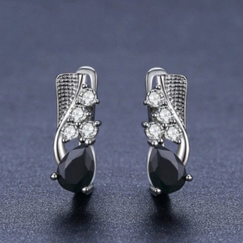 Korean style black drop-shaped earrings with micro rhinestone detailing, elegant women's accessories