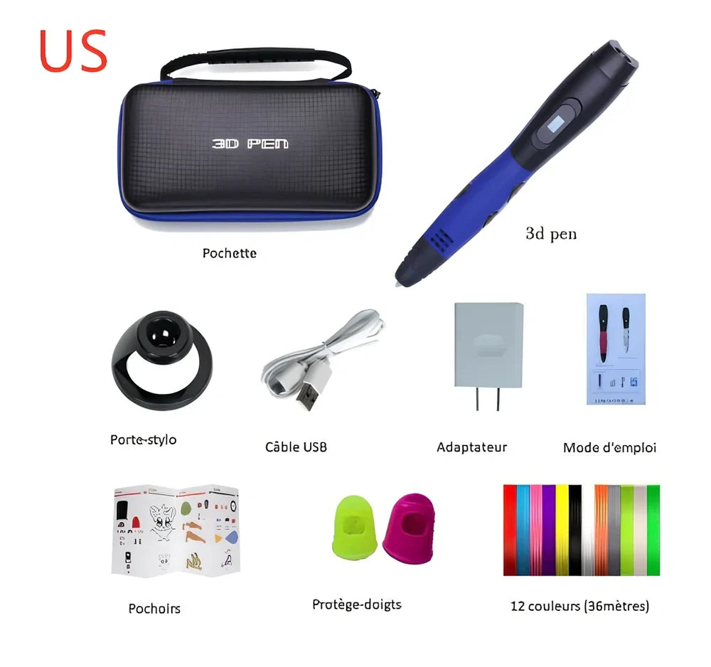 Blue six generations 3D printing pen with 12-colour PLA ABS consumables, base, and UK adapter for DIY graffiti