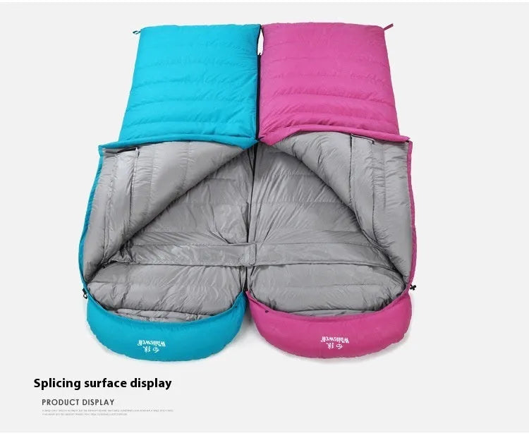 Black outdoor sleeping bag with goose down filling and durable nylon fabric.