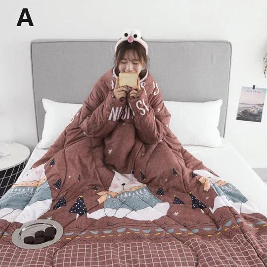 Cozy fleece-lined blanket with sleeves in various colors and designs, providing warmth and comfort for cold weather use.