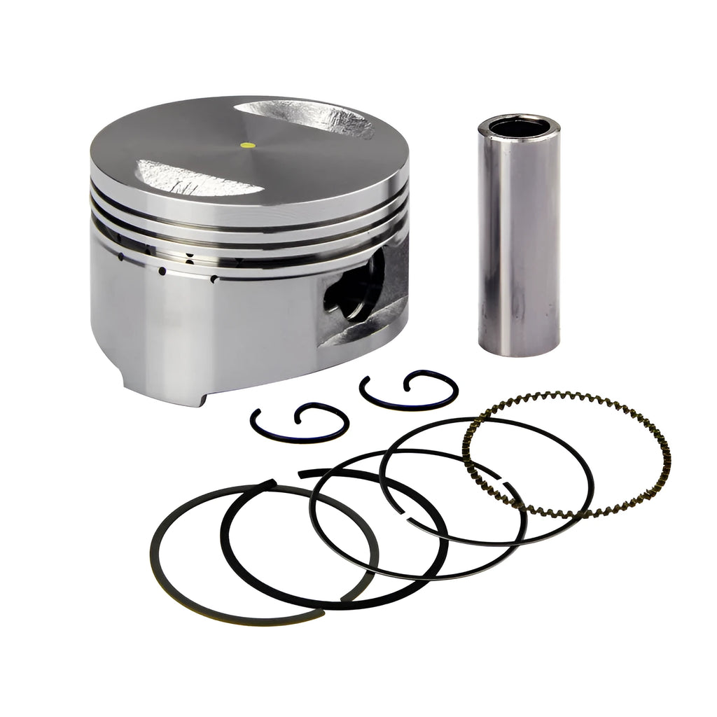 GY6 scooter engine piston kit with piston, rings, wrist pin, and clips on a white background