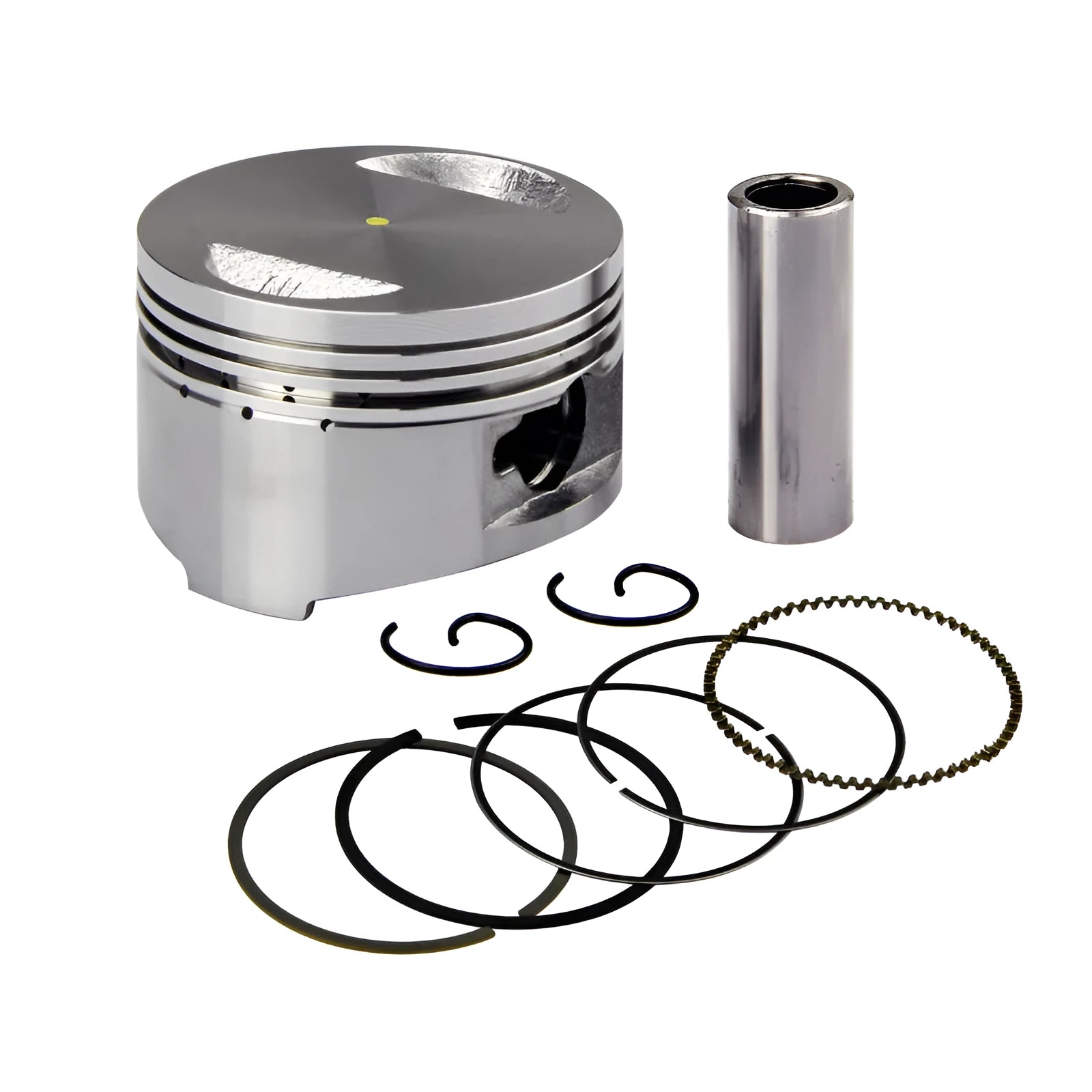 GY6 scooter engine piston kit with piston, rings, wrist pin, and clips on a white background