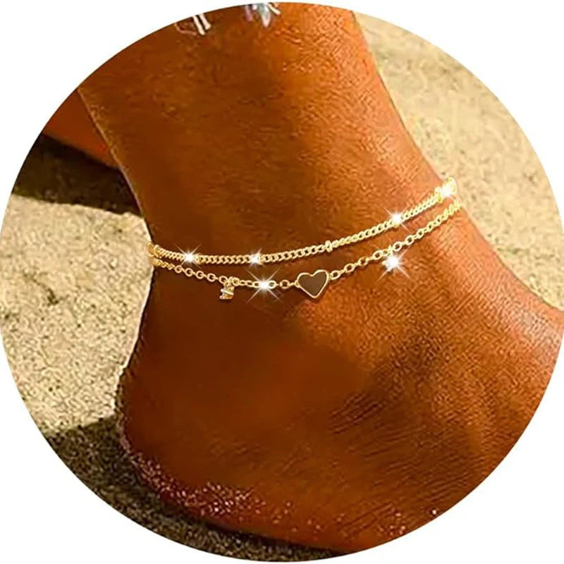 Women's waterproof heart-shaped zircon anklet in gold and silver