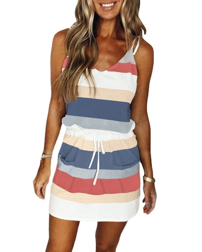 Women's cotton stripe drawstring summer dress with loose waist