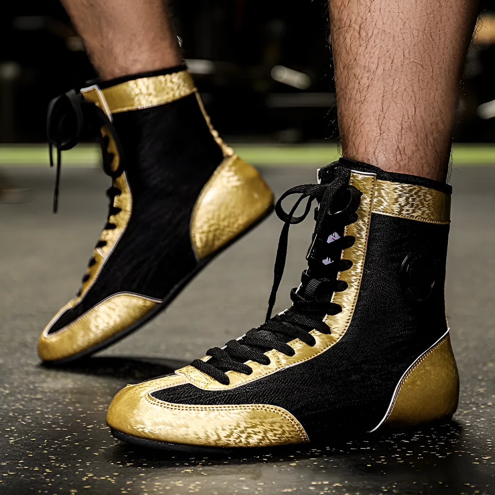 Pair of black and gold professional boxing shoes with mesh panels on a gym floor.
