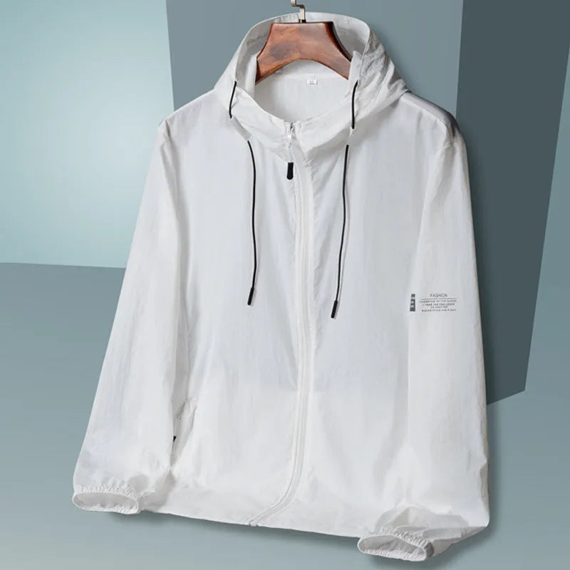 Men's loose fit ice silk sun protection jacket in Bud White with long sleeves and front zip closure
