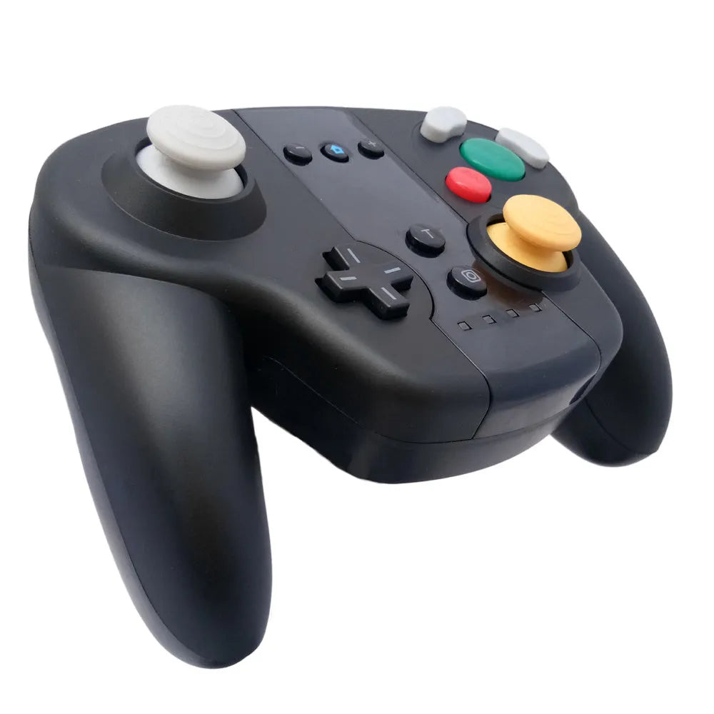 Black wireless Bluetooth gamepad for Nintendo Switch with colourful packaging, showing its size and buttons.