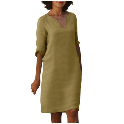 Cotton and linen V-neck dress with retro high waist design in various colours