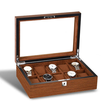 Matte wood grain lock watch storage box with 5 slots, brown finish