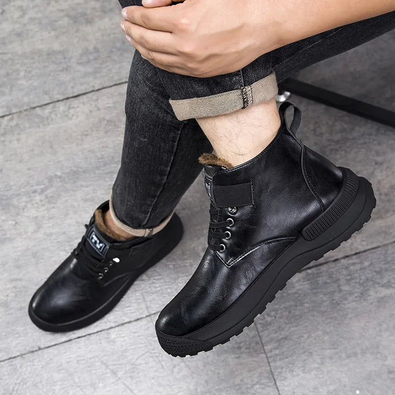 Black and brown Martin platform high-top boots with artificial PU upper and rubber sole