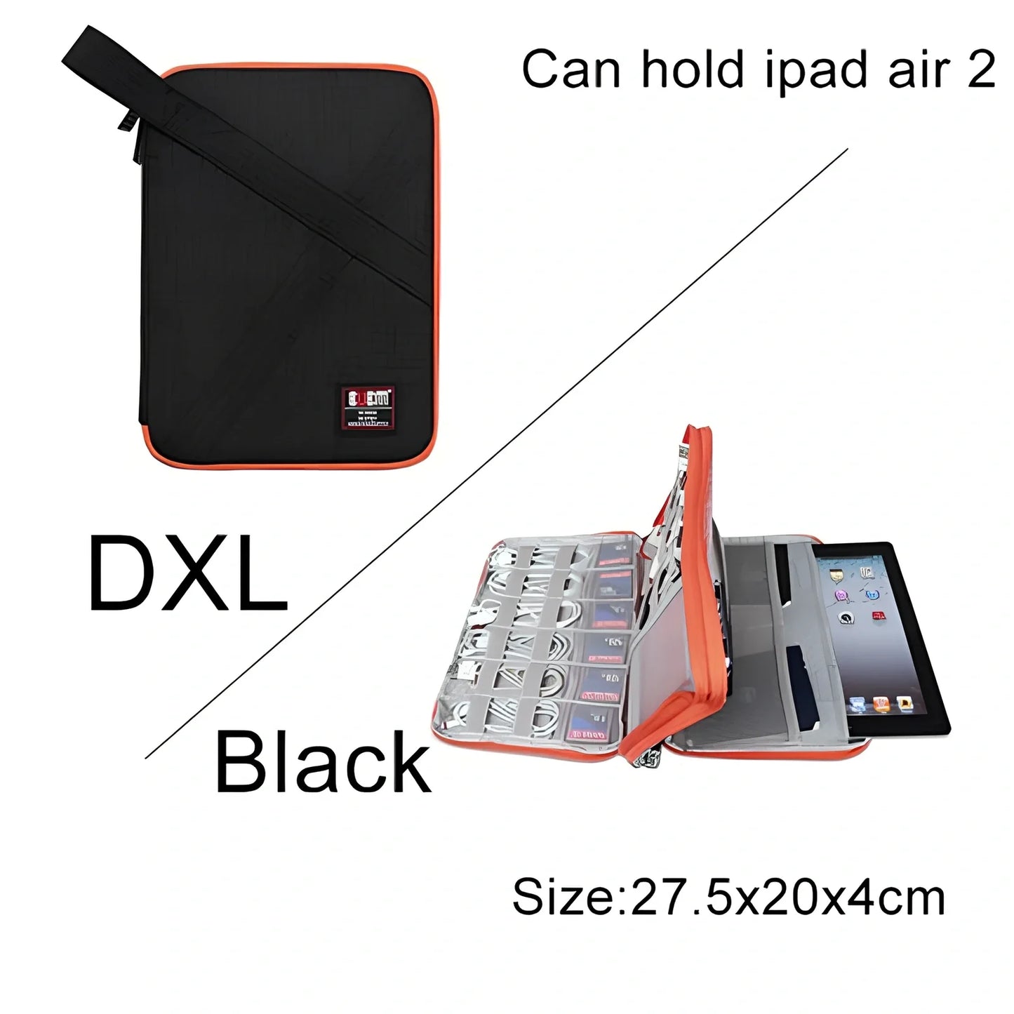 BUBM double-layer XL travel cable organizer in black, with compartments for USB, phone, charger, iPad cables, 25cm x 15cm x 10cm