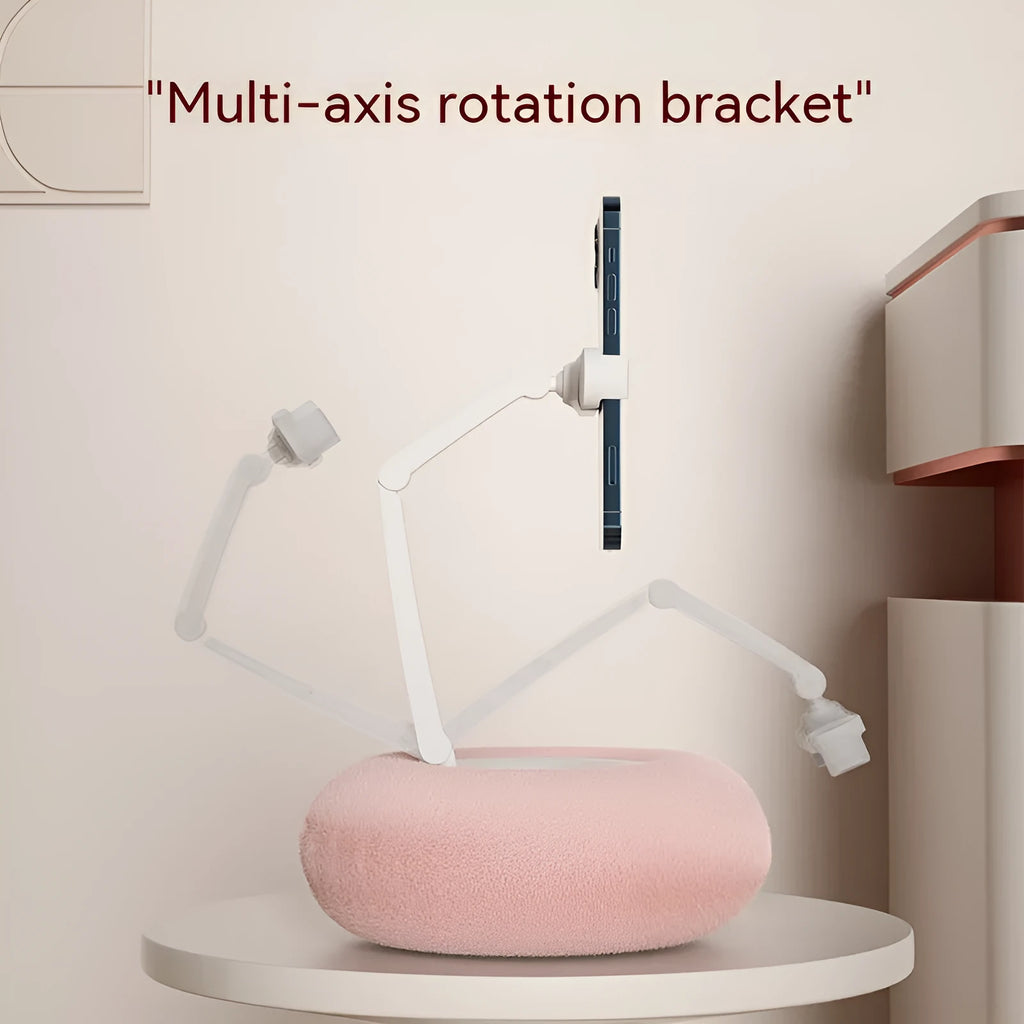 Adjustable rotating desk bracket holding a tablet, showing height extension and clamp mechanism.