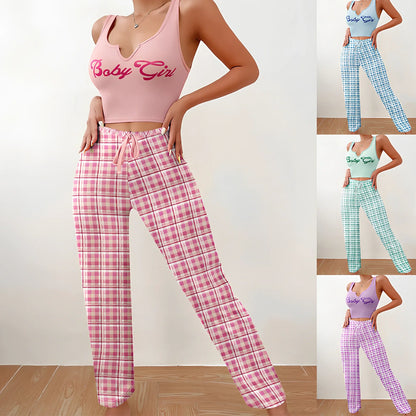Women's plaid pyjama set with sleeveless letter print top and coordinating trousers for versatile homewear