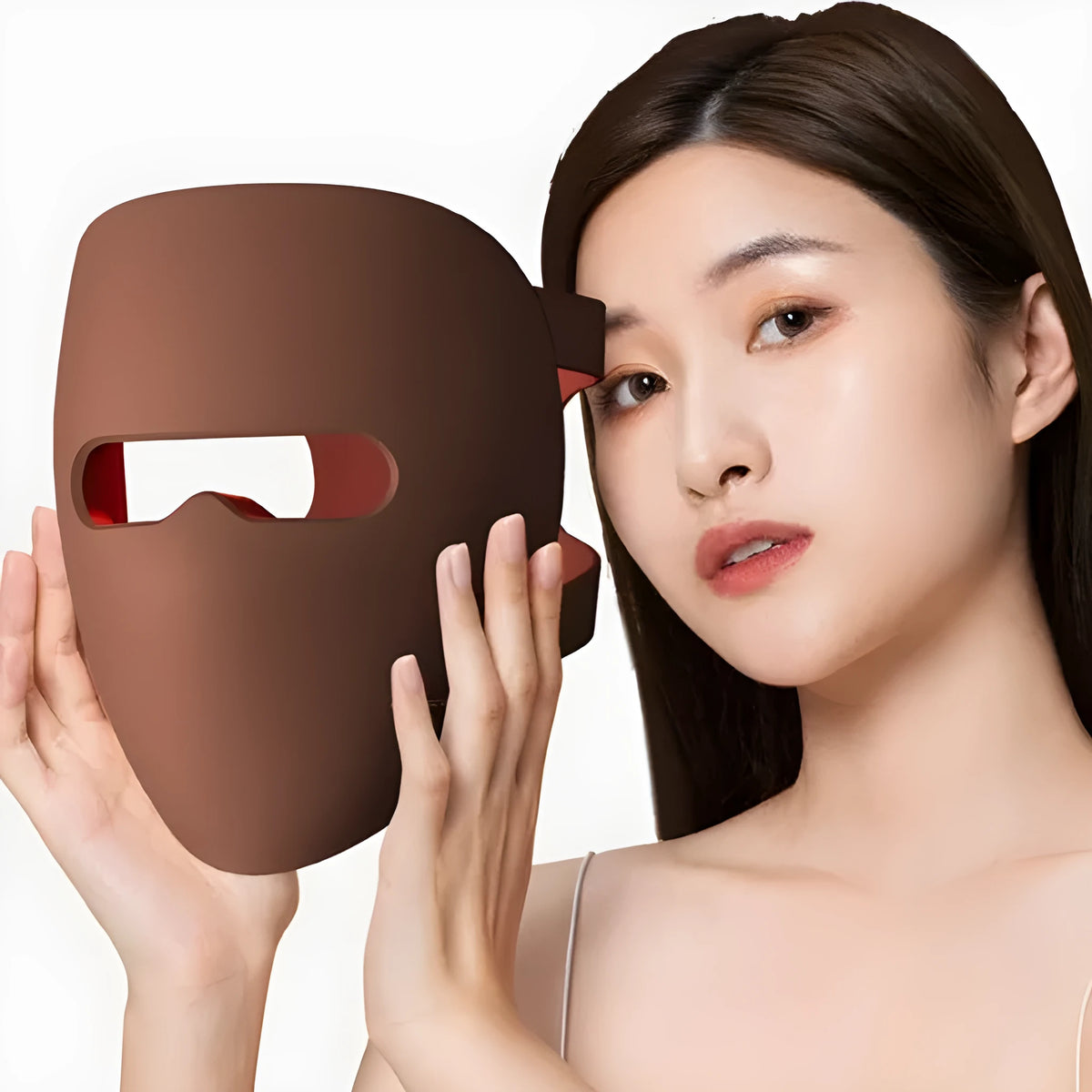 Rechargeable 9D spectrum LED skin rejuvenation mask with 320 lamp beads, dark coffee liquid silicone construction, four light modes