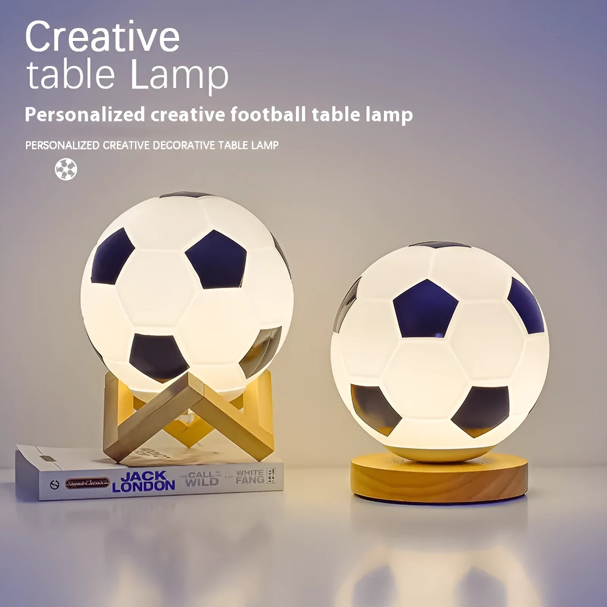 Football LED small night lamp with glass shade and remote control on a bedside table