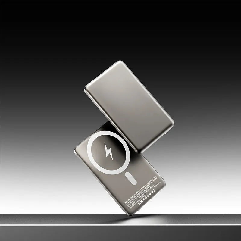 Gun grey magnetic wireless power bank showing ultra-thin 9mm profile with PD20W and wireless charging capabilities