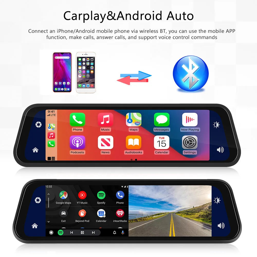 9.66-inch HD in-mirror car dash cam and video player with reverse camera and mounting brackets