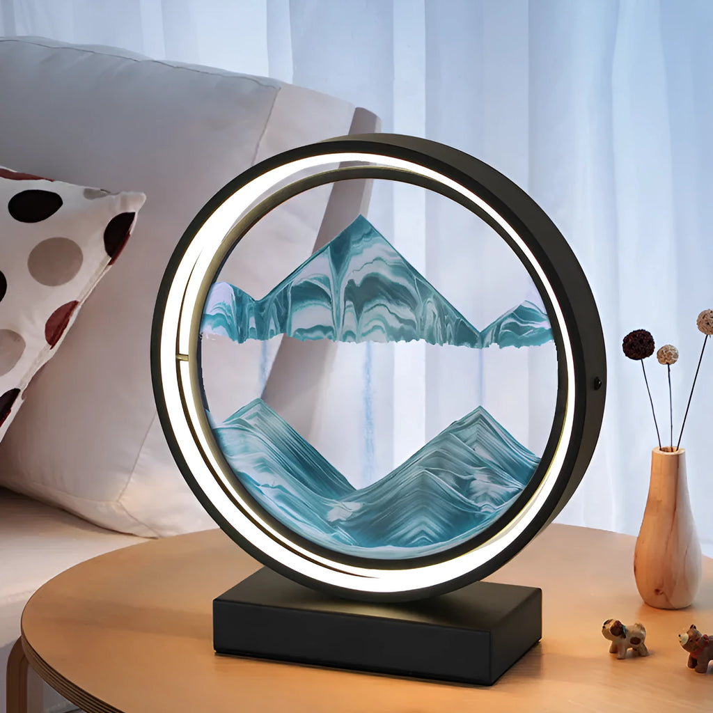 Creative quicksand table lamp with coloured sand flow, LED warm white light, silicone shade, hardware base, 295x200mm