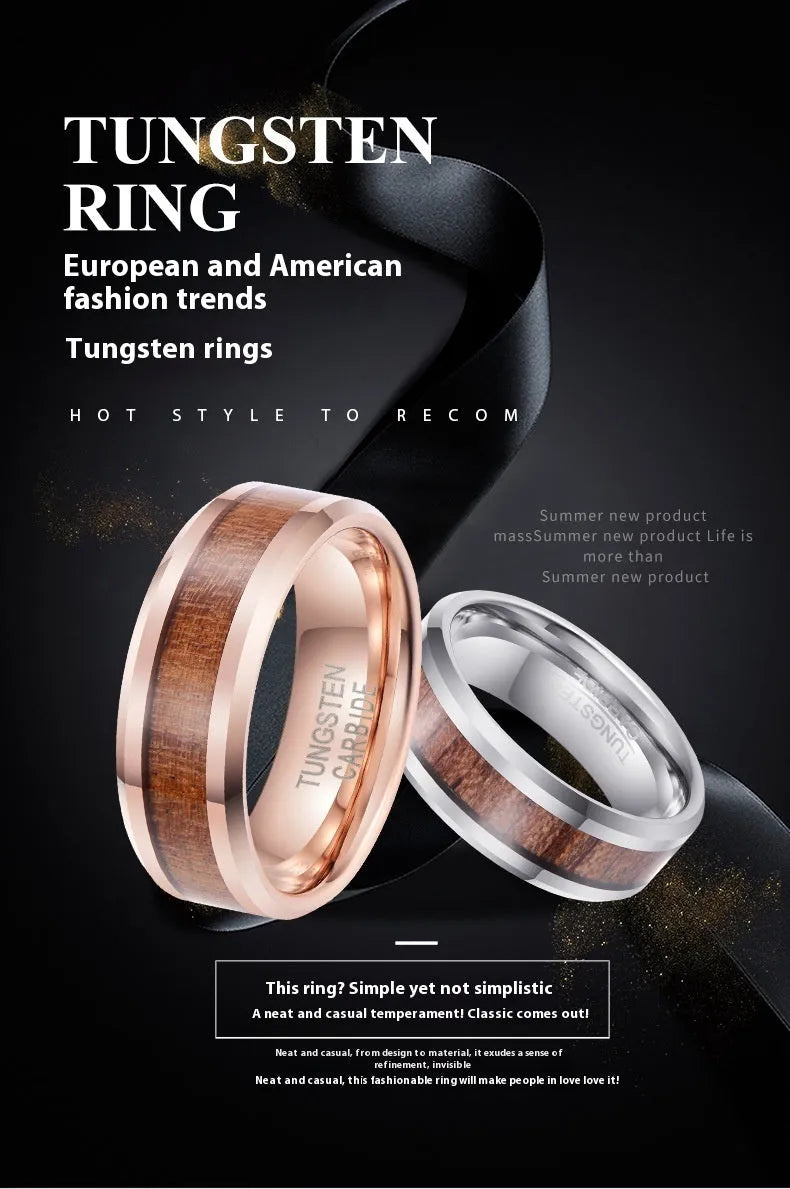 Men's Ugyen tungsten ring with 8mm wide U-shaped band in rose gold or steel colour.