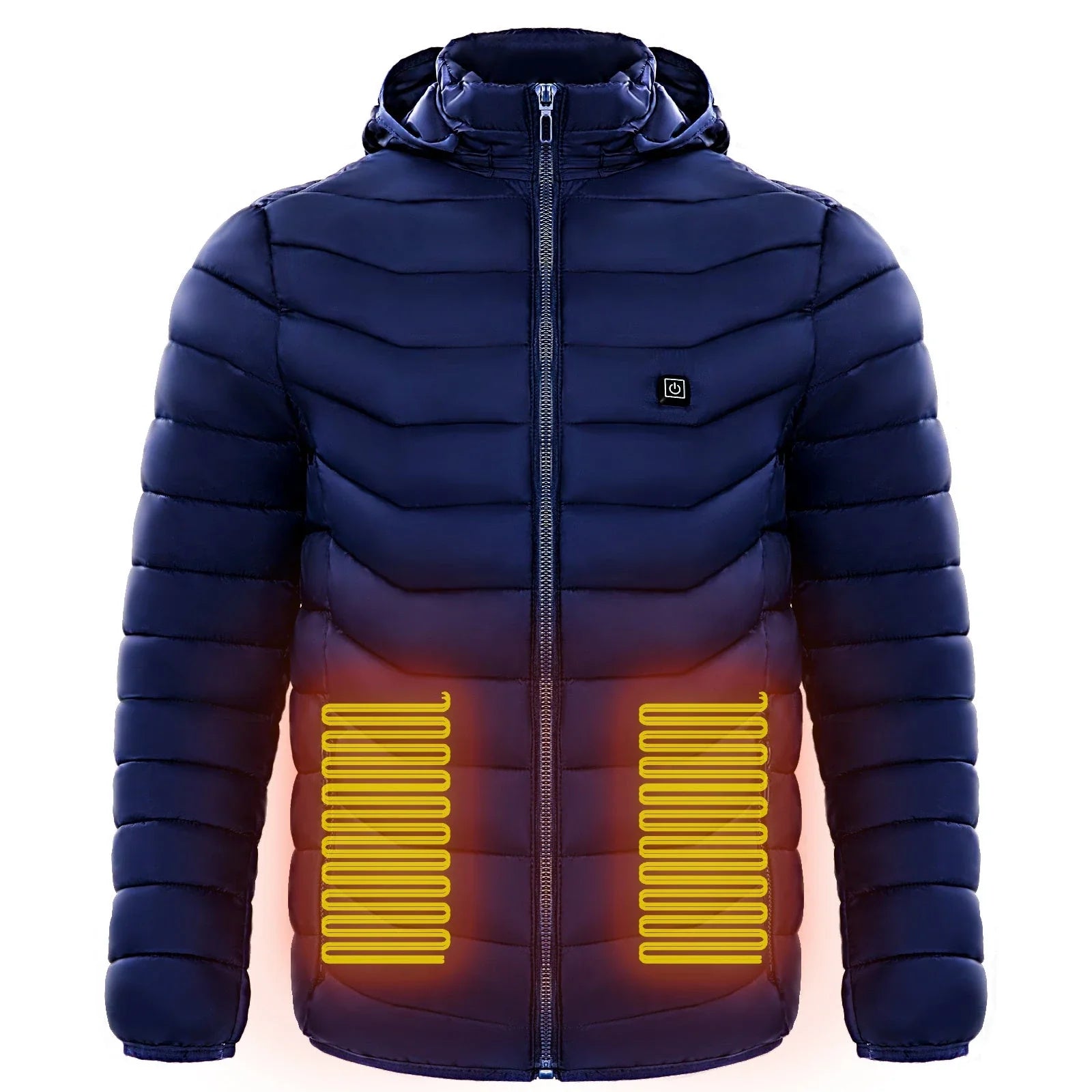 Heated puffer jacket with 9 heating zones, adjustable hood, and insulation for skiing in cold weather