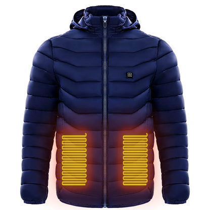 Heated puffer jacket with 9 heating zones, adjustable hood, and insulation for skiing in cold weather