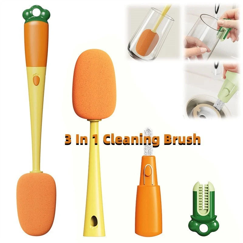 3-in-1 kitchen cleaning brush with carrot design, long handle, and three brush types