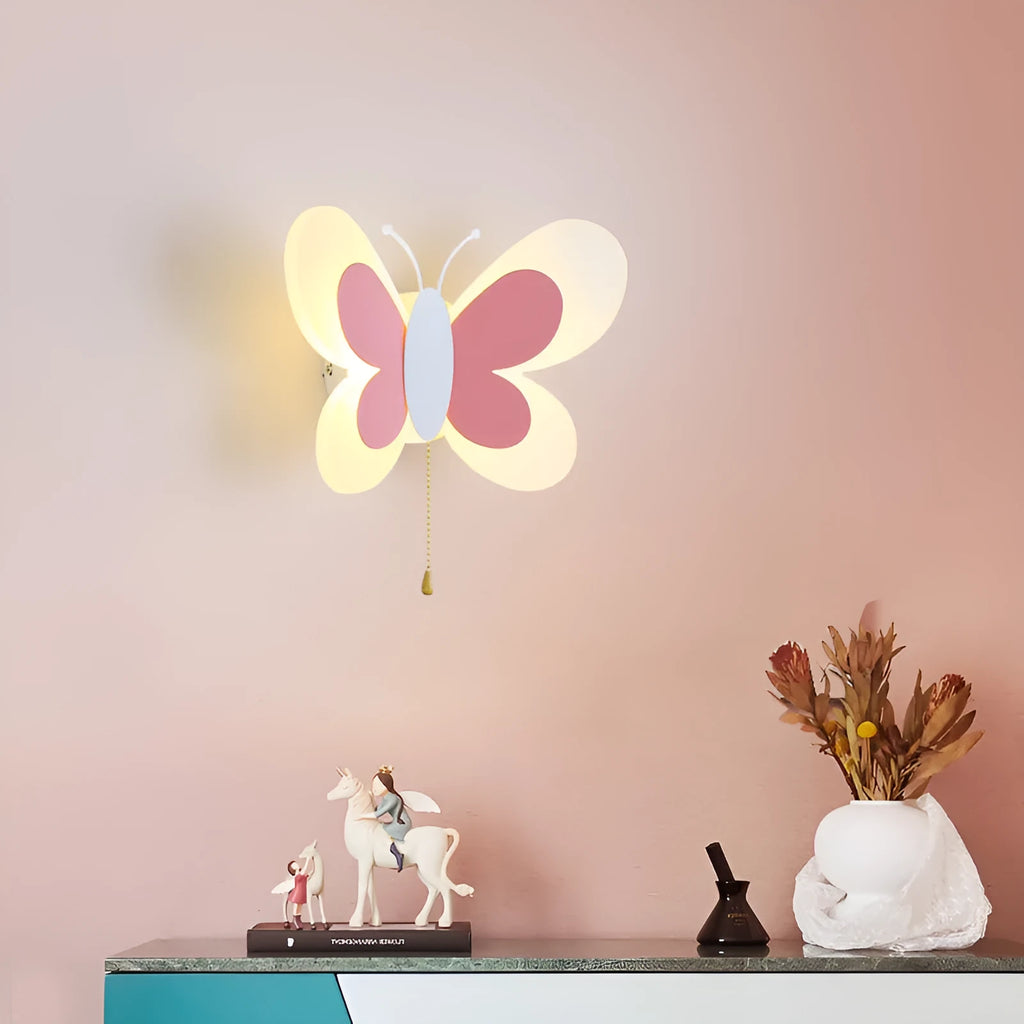 Creative cartoon butterfly acrylic wall lamp for children's bedroom in white and pink colour