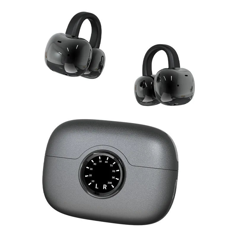 Ear clip wireless bluetooth earphone in black with charging case, open-ear design