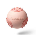 Green and pink rolling ball dog toy for small medium dogs measuring 64mm diameter