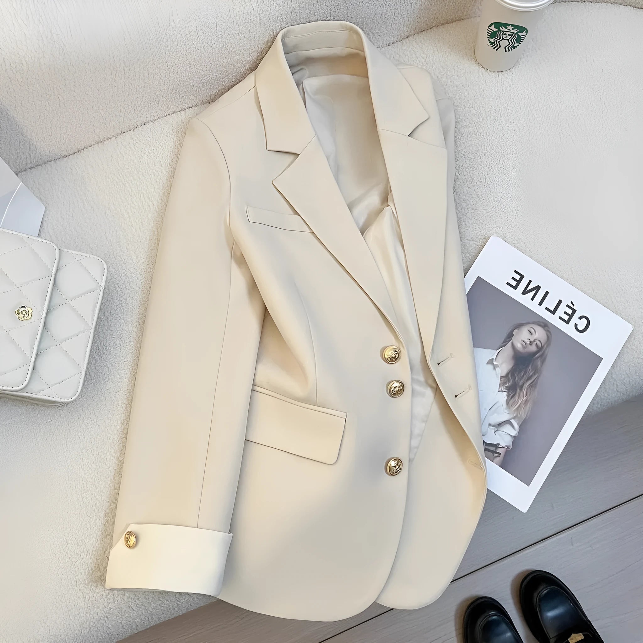 Korean-style women's loose fit coat in milky white colour with pockets