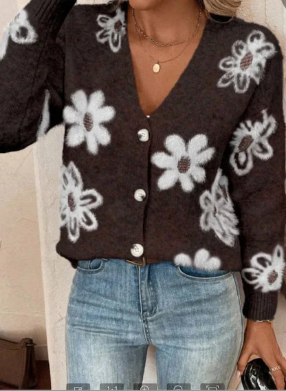 Flowers Print Button Front Cardigan in various colours, showcasing the detailed print and button-front design.