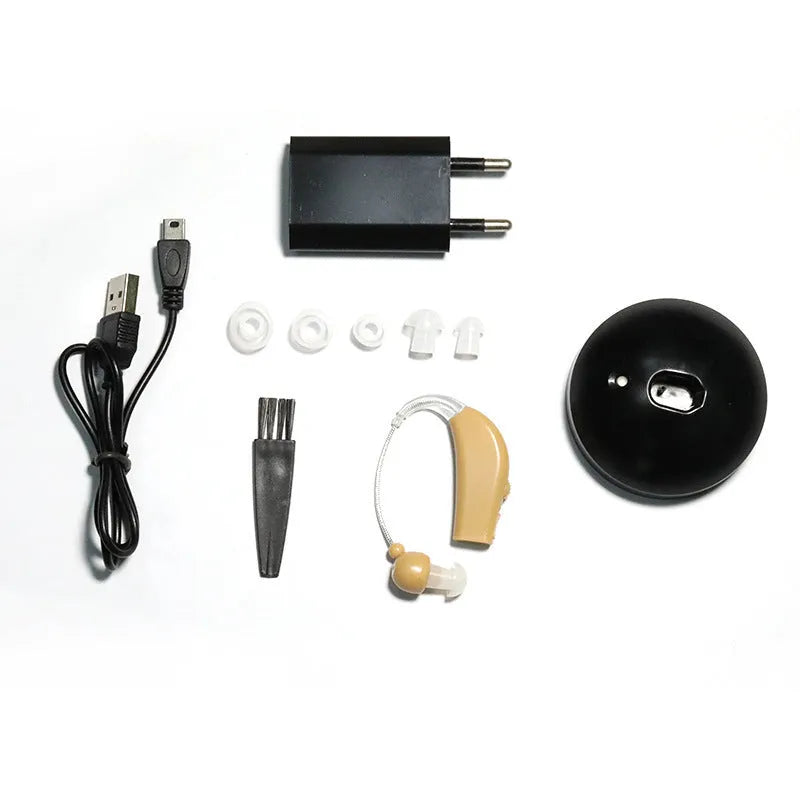 Black rechargeable hearing aid amplifier with silicone housing and charging cable
