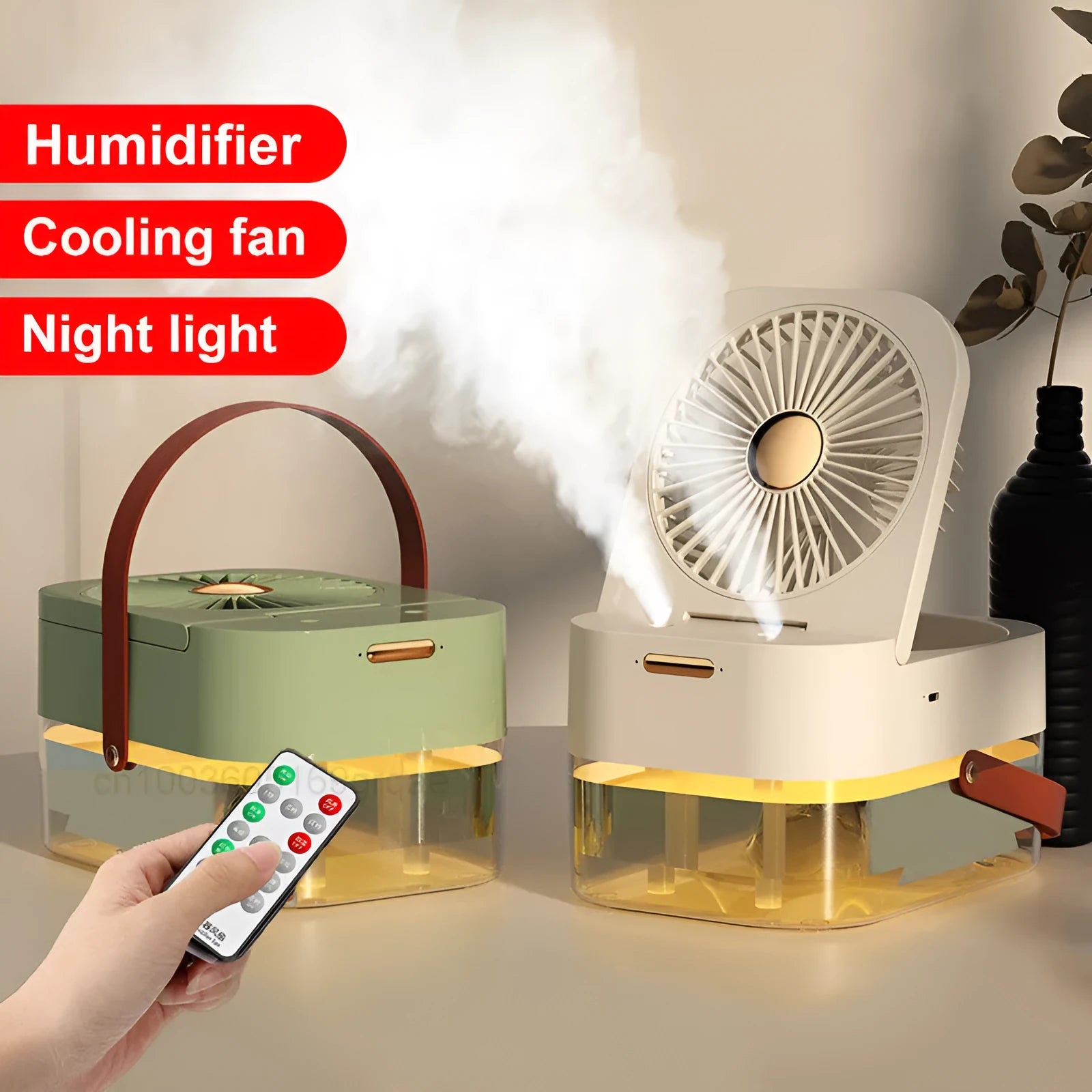 Portable desktop humidifier spray fan with remote control, showing pearl white colour and water tank